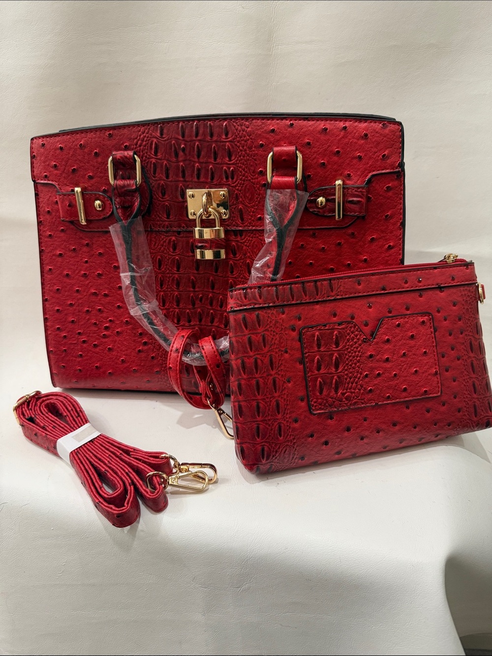 Dasein Red Structured Ostrich Croc Faux Leather Embossed  Purse Satchel & Pouch